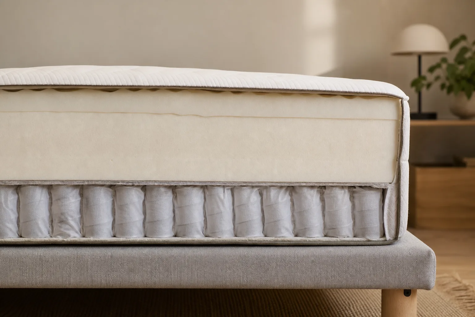 Genomskuren hybridmadrass som visar ett lager pocketfjädrar under ett tjockare lager skum, inga personer i bild