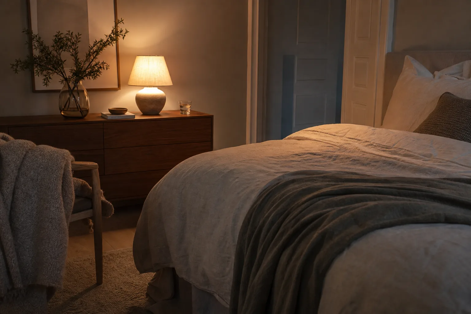 Sovrum i mjuk kvällsbelysning med en tänd bordslampa och en uppfälld filt över en stol, ingen person i bild