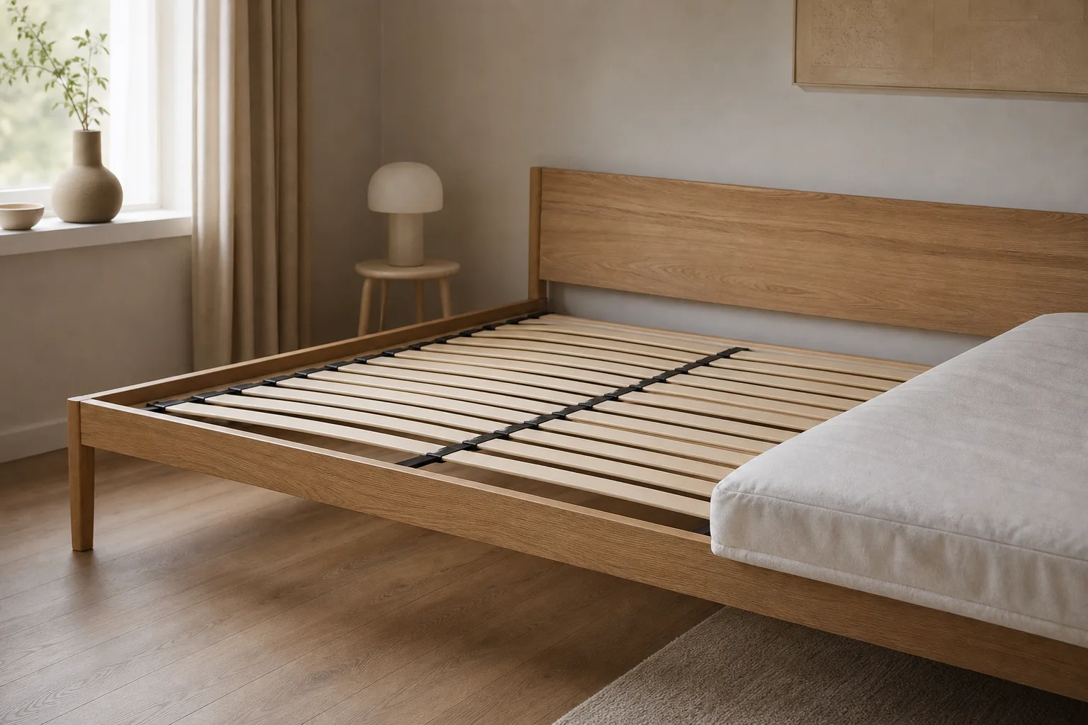 Ramsäng med trästomme och lös madrass i ett ljust, minimalistiskt sovrum
