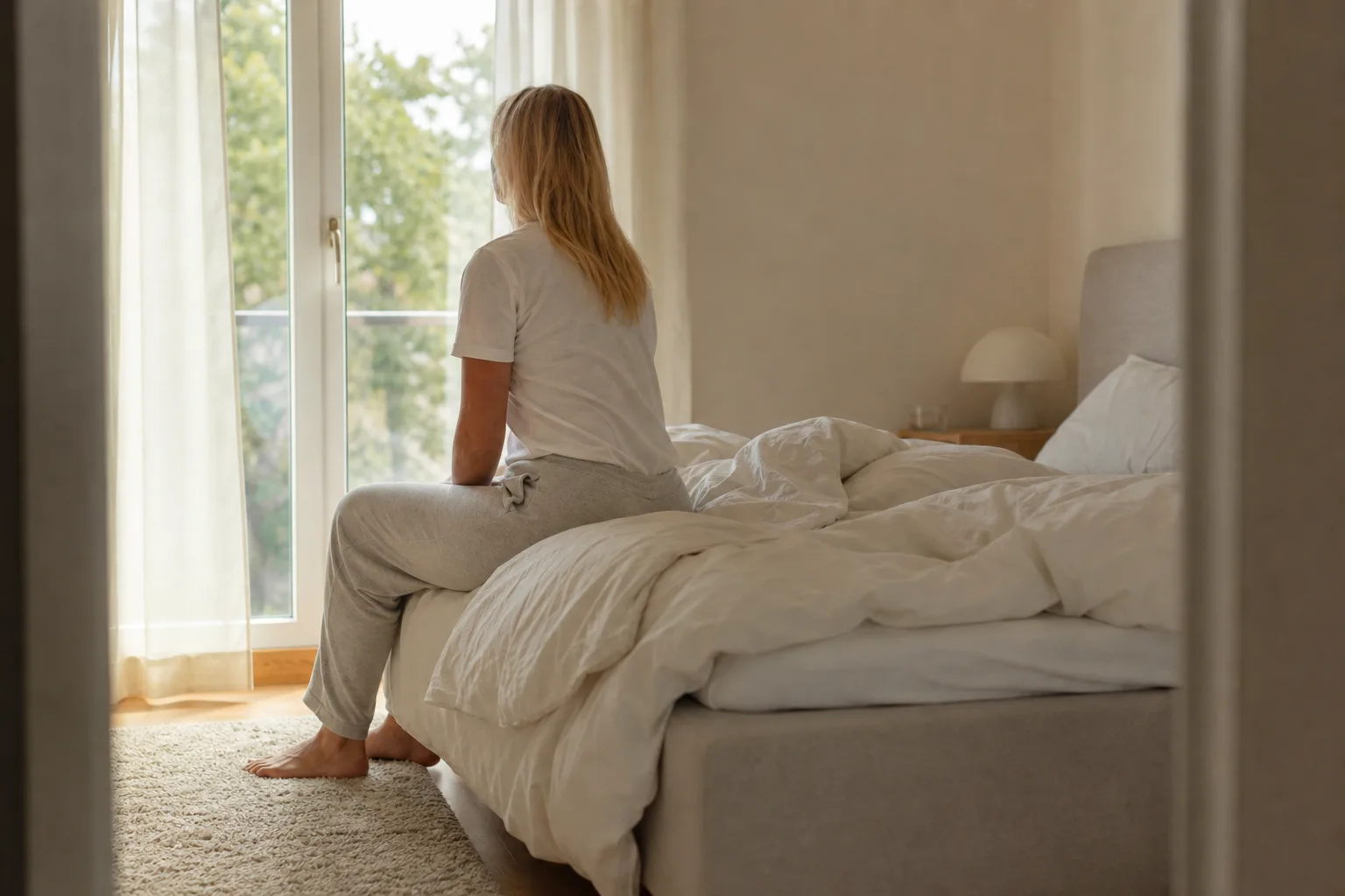 Person sätter sig på sängkanten av en säng med standardhöjd i ett ljust sovrum, sedd i profil