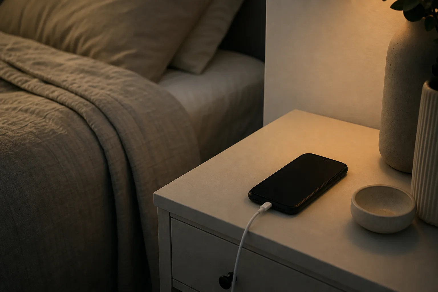 Nattduksbord i svagt ljus med en mobiltelefon som laddas på ett bord en bit från sängen, skärmen släckt, ingen person i bild
