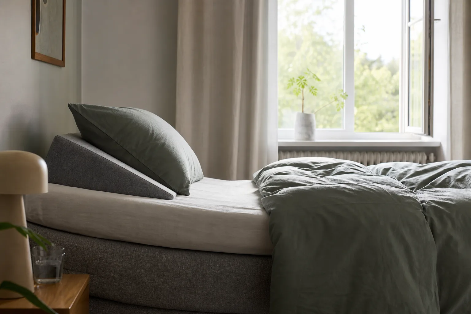 Sovrum med lätt upphöjd huvudända på sängen och ett vädringsöppet fönster i sval morgonstämning, ingen person i bild