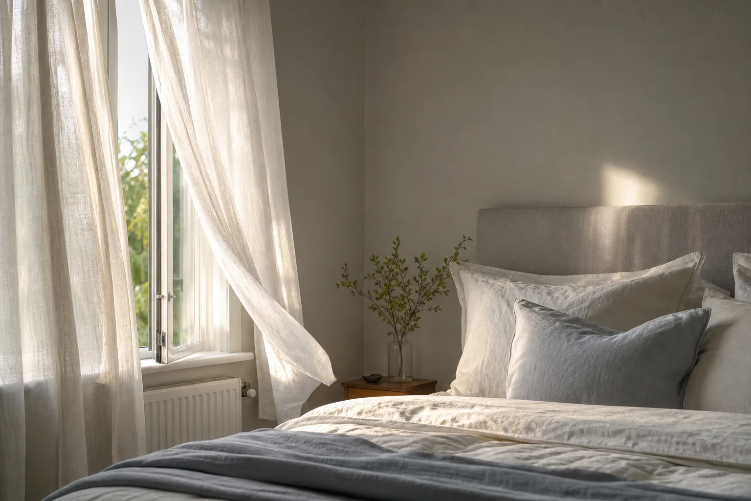 Svalt, luftigt sovrum tidigt på morgonen med en lätt gardin som rör sig i draget från ett öppet fönster, ingen person i bild