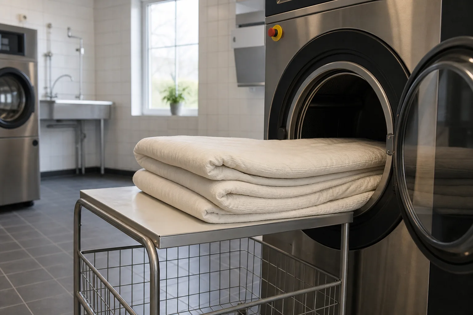 Hopvikt bäddmadrass läggs i en stor tvättmaskin i en tvättstuga, ingen person i bild